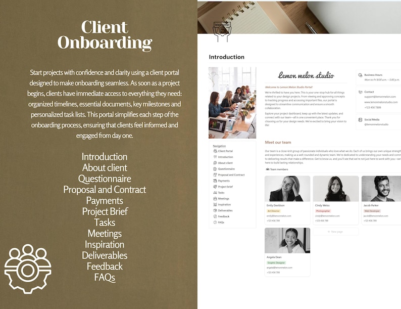 May include: A website screenshot showing a client onboarding process with a list of features including introduction, about client, questionnaire, proposal and contract, payments, project brief, tasks, meetings, inspiration, deliverables, feedback, and FAQs. The website is for Lemon Melon Studio.