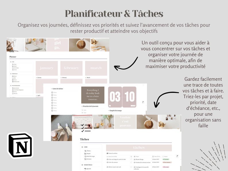 May include: A digital planner and task management system with a pink and white colour scheme. The planner includes sections for monthly, weekly, and daily planning, as well as a task list. The image also includes a digital flip clock with the numbers 03 and 10.