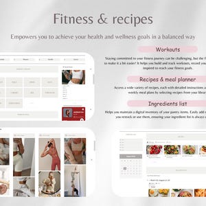 May include: A screenshot of a website for a fitness and recipe app. The website features a light gray background with pink and white text. The website is divided into sections for workouts, recipes, and ingredients. The website also includes images of people exercising and food.