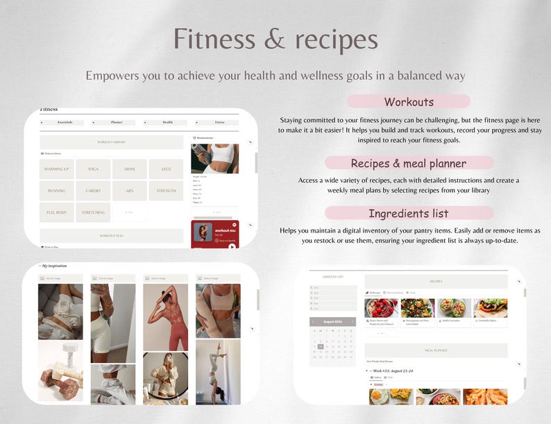 May include: A screenshot of a website for a fitness and recipe app. The website features a light gray background with pink and white text. The website is divided into sections for workouts, recipes, and ingredients. The website also includes images of people exercising and food.