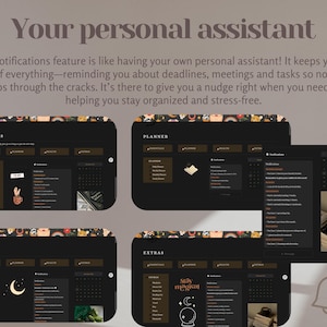 Op de afbeelding: Een digitale planner met een donkere achtergrond en kleurrijke accenten. De planner is onderverdeeld in secties voor essentials, gezondheid, planner en extras. Elke sectie heeft een kalender, een takenlijst en een notitiegedeelte. De planner is ontworpen om gebruikers te helpen georganiseerd en stressvrij te blijven.