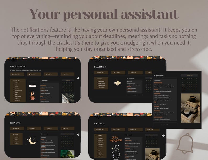 Op de afbeelding: Een digitale planner met een donkere achtergrond en kleurrijke accenten. De planner is onderverdeeld in secties voor essentials, gezondheid, planner en extras. Elke sectie heeft een kalender, een takenlijst en een notitiegedeelte. De planner is ontworpen om gebruikers te helpen georganiseerd en stressvrij te blijven.