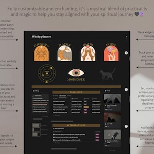 Op de afbeelding: Een digitale planner met een donkere achtergrond en gouden accenten. De planner is verdeeld in secties voor essentials, planner, gezondheid en extras. De planner heeft een heksenthema met illustraties van een spin, een wassende maan, een kat en een hand die een kristal vasthoudt. De tekst "Witchy planner" staat bovenaan de afbeelding.