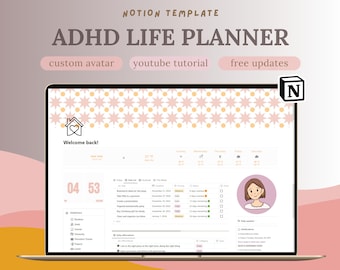 Plannersjabloon ADHD Notion: alles-in-één levensorganisator, aangepaste avatar, That Girl-planner