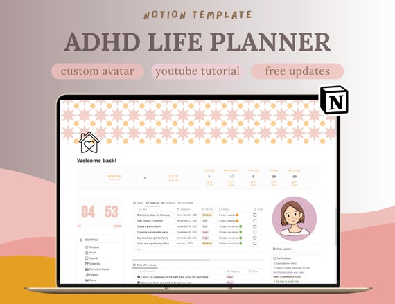 ADHD Notion Planner Template: All-in-One Life Organizer, Custom Avatar, That Girl Planner