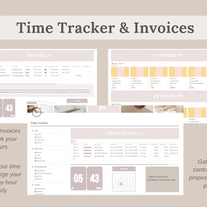 Pu&ograve; includere: Interfaccia di pianificazione digitale con il testo "Time Tracker & Invoices". L'interfaccia include sezioni per fatture, contratti e proposte. Il design &egrave; nei toni del beige e del rosa, con un calendario e un display dell'ora.