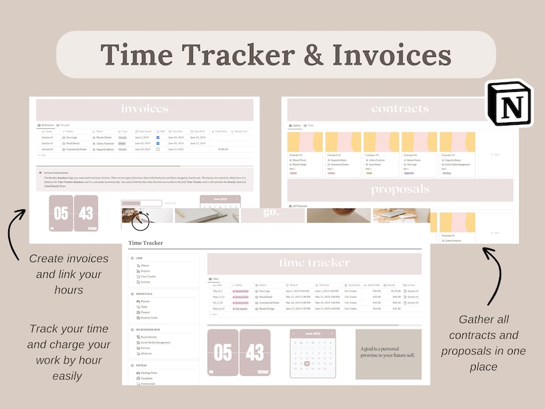 Pu&ograve; includere: Interfaccia di pianificazione digitale con il testo "Time Tracker & Invoices". L'interfaccia include sezioni per fatture, contratti e proposte. Il design &egrave; nei toni del beige e del rosa, con un calendario e un display dell'ora.