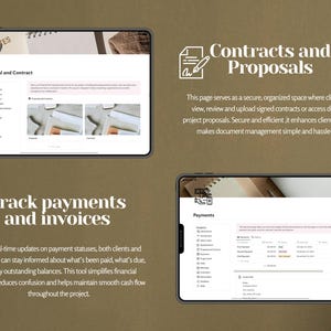 May include: A screenshot of a tablet displaying a software interface for managing contracts, proposals, and payments. The interface features a clean, modern design with a light gray background and black text. The text on the screen reads "Contracts and Proposals", "Proposal and Contract", "Track payments and invoices", and "Payments".