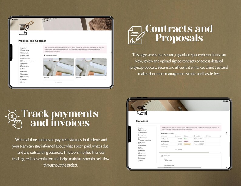 May include: A screenshot of a tablet displaying a software interface for managing contracts, proposals, and payments. The interface features a clean, modern design with a light gray background and black text. The text on the screen reads "Contracts and Proposals", "Proposal and Contract", "Track payments and invoices", and "Payments".
