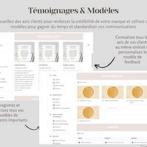 May include: A pink and white digital planner template with the text "T&eacute;moignages & Mod&egrave;les" at the top. The template includes sections for testimonials, documents, and emails. The template is designed to help businesses collect and organise customer feedback.