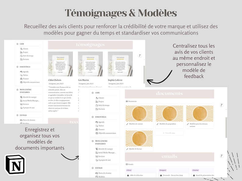 May include: A pink and white digital planner template with the text "T&eacute;moignages & Mod&egrave;les" at the top. The template includes sections for testimonials, documents, and emails. The template is designed to help businesses collect and organise customer feedback.