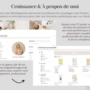 May include: A screenshot of a website with the text "Croissance & &Agrave; propos de moi" at the top. The website is divided into two sections, one titled "&Agrave; propos de moi" and the other titled "Croissance personnelle". The "&Agrave; propos de moi" section includes a photo of a woman, her name, and a list of her skills and experience. The "Croissance personnelle" section includes a list of her accomplishments and a section titled "livres" with a list of books she has read.