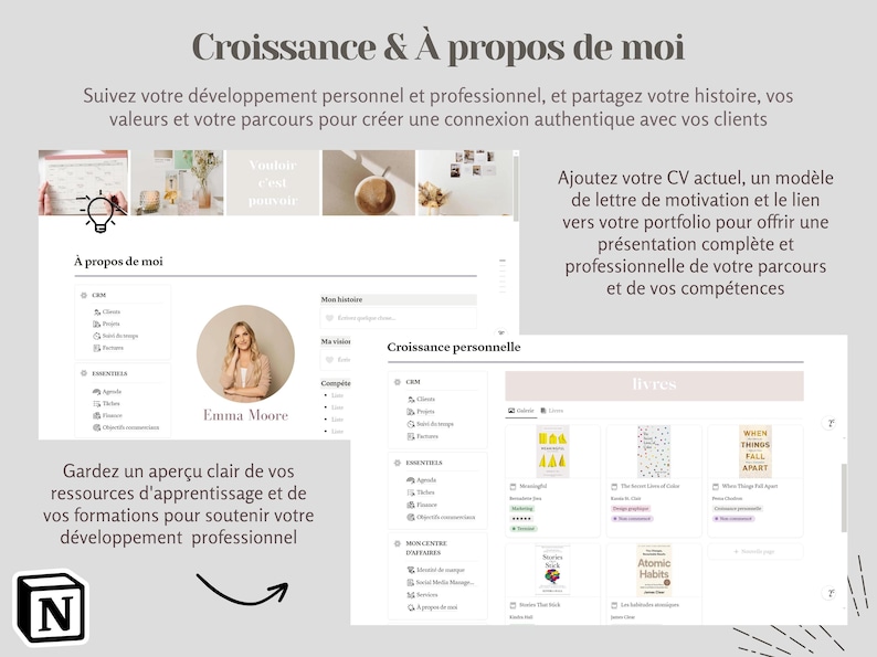 May include: A screenshot of a website with the text "Croissance & &Agrave; propos de moi" at the top. The website is divided into two sections, one titled "&Agrave; propos de moi" and the other titled "Croissance personnelle". The "&Agrave; propos de moi" section includes a photo of a woman, her name, and a list of her skills and experience. The "Croissance personnelle" section includes a list of her accomplishments and a section titled "livres" with a list of books she has read.