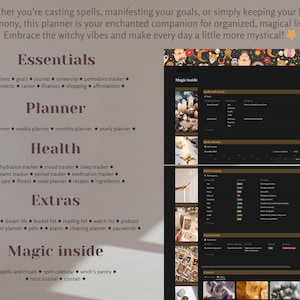 Op de afbeelding: Een digitale planner met een donkere achtergrond en gouden accenten. De planner is onderverdeeld in secties voor essentials, planner, gezondheid, extra's en magie van binnen. Elke sectie somt verschillende categorie&euml;n op, zoals routines, doelen, dagboek, dagplanner, weekplanner, hydratatietracker, moodtracker, slaaptracker, garderobe, droomleven, bucketlist, spreuken en rituelen, spreukenkalender en heksenpantry.