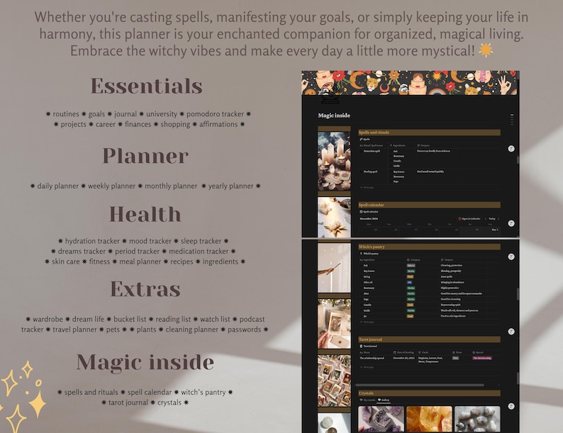 Op de afbeelding: Een digitale planner met een donkere achtergrond en gouden accenten. De planner is onderverdeeld in secties voor essentials, planner, gezondheid, extra's en magie van binnen. Elke sectie somt verschillende categorie&euml;n op, zoals routines, doelen, dagboek, dagplanner, weekplanner, hydratatietracker, moodtracker, slaaptracker, garderobe, droomleven, bucketlist, spreuken en rituelen, spreukenkalender en heksenpantry.