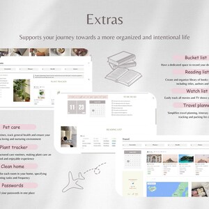May include: A digital planner with a pink and white color scheme. The planner includes sections for plants, pet care, travel, reading, and more. The text "Extras" is at the top of the image. The text "Supports your journey towards a more organized and intentional life" is below the word "Extras".