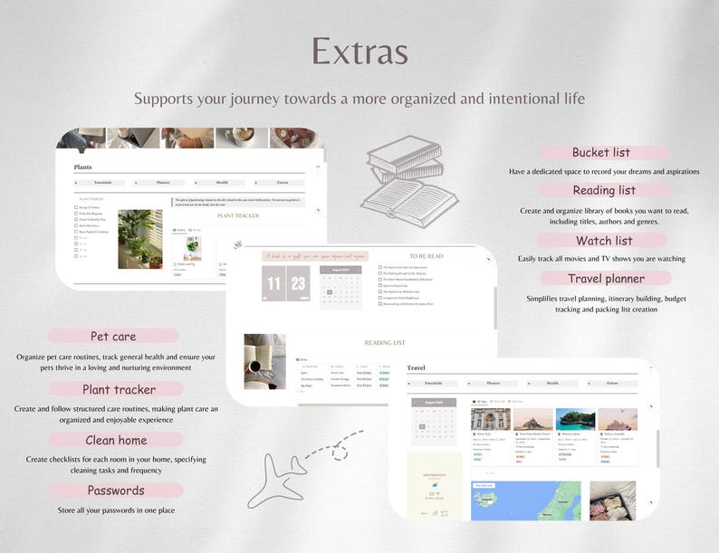 May include: A digital planner with a pink and white color scheme. The planner includes sections for plants, pet care, travel, reading, and more. The text "Extras" is at the top of the image. The text "Supports your journey towards a more organized and intentional life" is below the word "Extras".