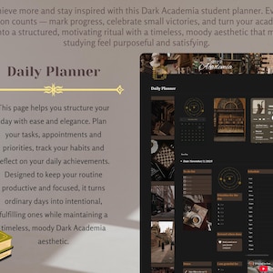 May include: A Dark Academia student planner with a black and brown design. The planner includes a daily planner page with sections for tasks, appointments, and priorities. The text on the page reads "Daily Planner".