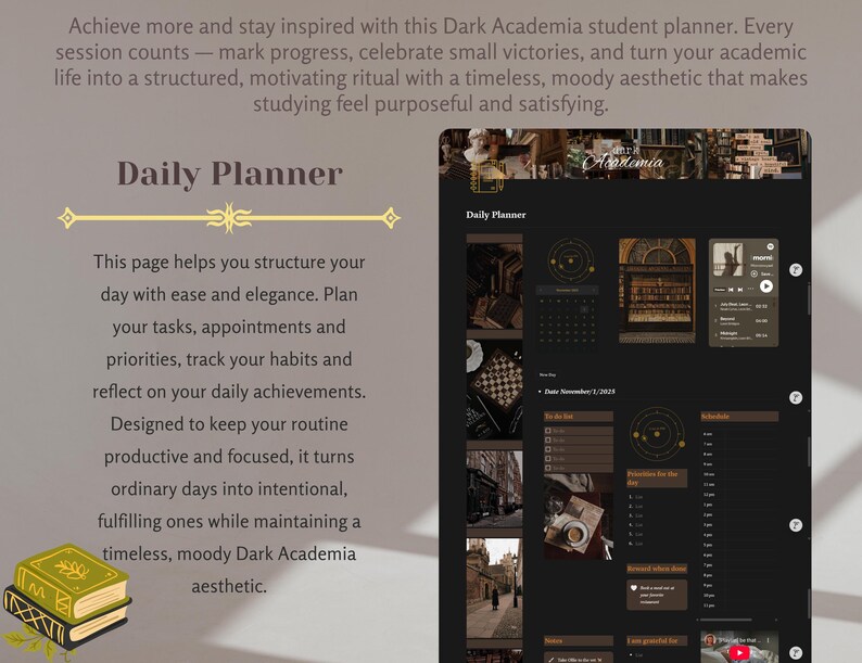 May include: A Dark Academia student planner with a black and brown design. The planner includes a daily planner page with sections for tasks, appointments, and priorities. The text on the page reads "Daily Planner".
