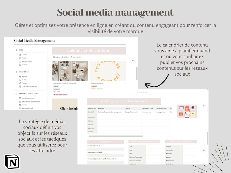 May include: A digital planner template for social media management. The template includes sections for a content calendar, client insights, and social media strategy. The text "It's Gonna Be A Good Day" is featured in the content calendar section.