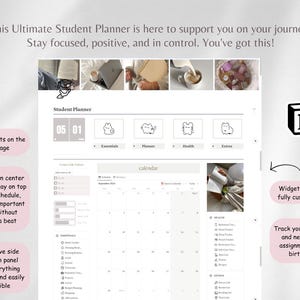 May include: A digital student planner with a calendar, to-do list, and notification center. The planner has a light gray background with black text and icons. The text "Student Planner" is at the top of the page. The date "05 01" is displayed in a gray box. The calendar shows the month of September 2024.