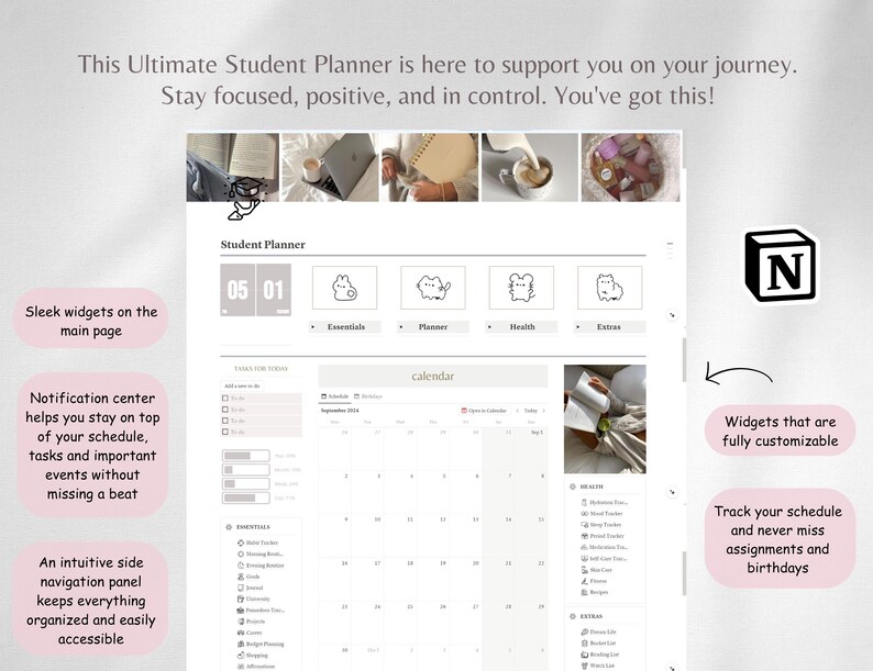 May include: A digital student planner with a calendar, to-do list, and notification center. The planner has a light gray background with black text and icons. The text "Student Planner" is at the top of the page. The date "05 01" is displayed in a gray box. The calendar shows the month of September 2024.