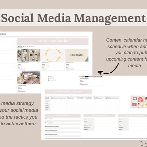 Pu&ograve; includere: Un modello digitale di gestione dei social media intitolato "Social Media Management". Include sezioni per calendari dei contenuti, strategia dei social media e approfondimenti sui clienti. Il testo include "Il calendario dei contenuti ti aiuta a pianificare quando e dove pubblicare i contenuti futuri."