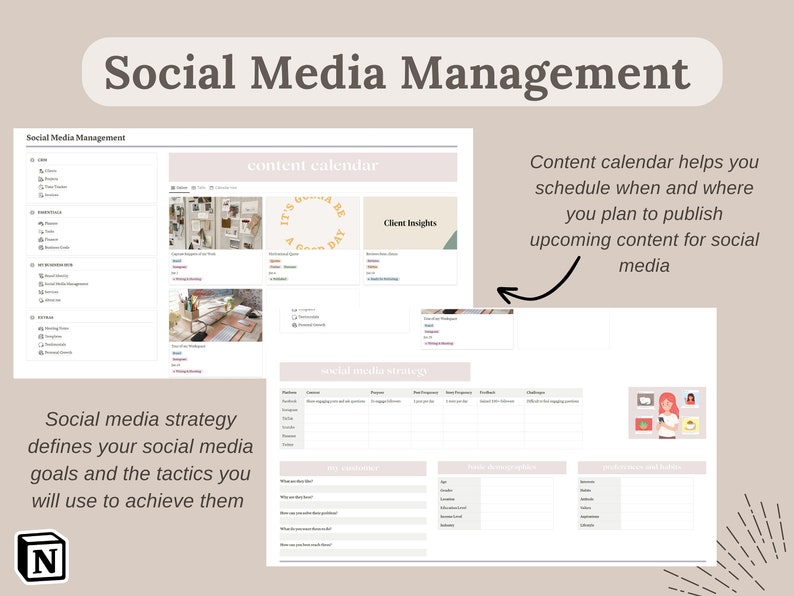 Pu&ograve; includere: Un modello digitale di gestione dei social media intitolato "Social Media Management". Include sezioni per calendari dei contenuti, strategia dei social media e approfondimenti sui clienti. Il testo include "Il calendario dei contenuti ti aiuta a pianificare quando e dove pubblicare i contenuti futuri."