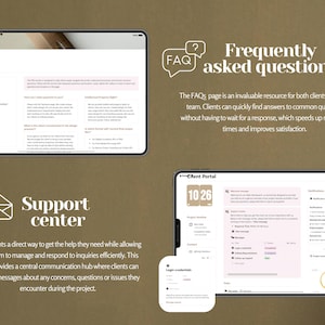 May include: A screenshot of a tablet displaying a website with a support center and frequently asked questions (FAQs) section. The FAQs section is described as an invaluable resource for both clients and the team, providing quick answers to common questions.