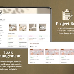 May include: A screenshot of a website interface for project management. The screen shows a project brief, task management, and a main workspace with a gallery of tasks. The tasks are labeled with the text "Team Work" and are color-coded with green, blue, and orange.