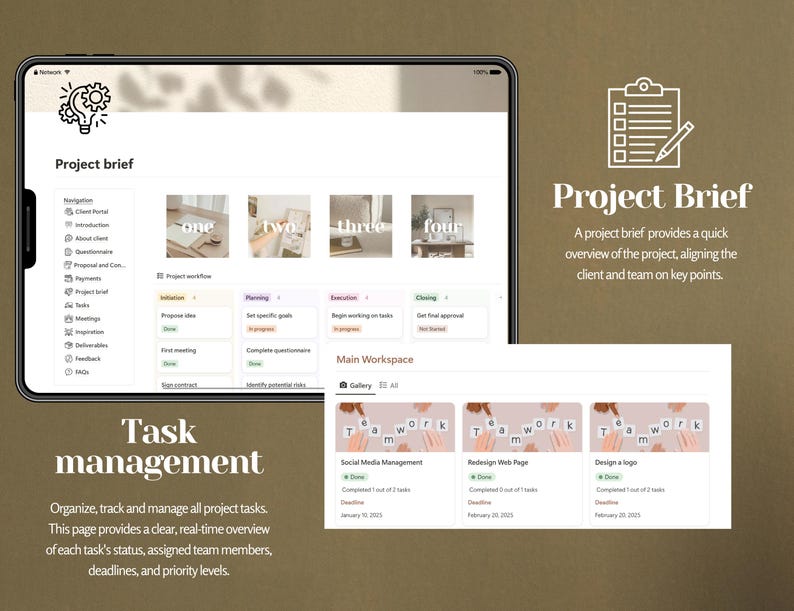May include: A screenshot of a website interface for project management. The screen shows a project brief, task management, and a main workspace with a gallery of tasks. The tasks are labeled with the text "Team Work" and are color-coded with green, blue, and orange.