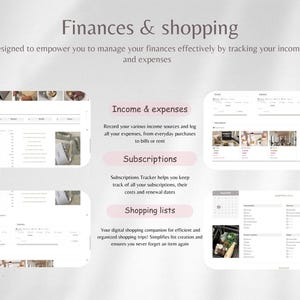 May include: A digital planner with sections for budgeting, income and expenses, subscriptions, and shopping lists. The planner is designed to help you manage your finances effectively by tracking your income and expenses.