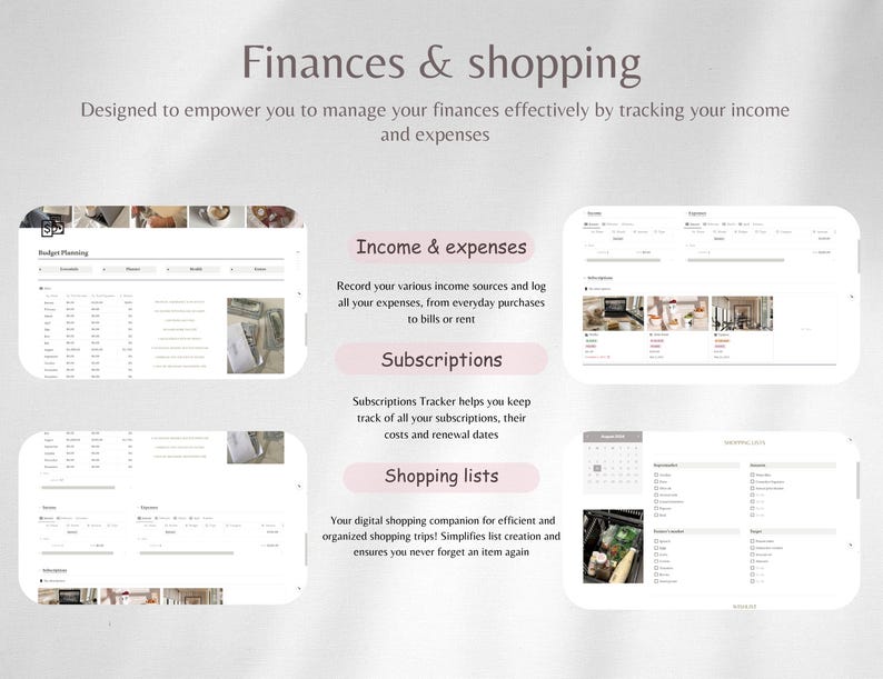 May include: A digital planner with sections for budgeting, income and expenses, subscriptions, and shopping lists. The planner is designed to help you manage your finances effectively by tracking your income and expenses.