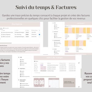 May include: A pink and white planner with the text "Suivi du temps & Factures" at the top. The planner is divided into sections for tracking time and creating invoices. The text "Cr&eacute;ez des factures et associez-y vos heures" is in the top left corner. The text "Suivez votre temps et facturez votre travail &agrave; l'heure facilement" is in the bottom left corner. The text "Rassemblez tous vos contrats et propositions en un seul endroit" is in the bottom right corner.