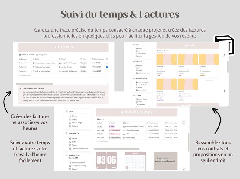May include: A pink and white planner with the text "Suivi du temps & Factures" at the top. The planner is divided into sections for tracking time and creating invoices. The text "Cr&eacute;ez des factures et associez-y vos heures" is in the top left corner. The text "Suivez votre temps et facturez votre travail &agrave; l'heure facilement" is in the bottom left corner. The text "Rassemblez tous vos contrats et propositions en un seul endroit" is in the bottom right corner.
