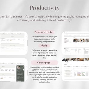 May include: A screenshot of a computer screen showing a productivity app with features like a Pomodoro timer, goal setting, and a career page. The app has a clean, modern design with a light gray background and white text.