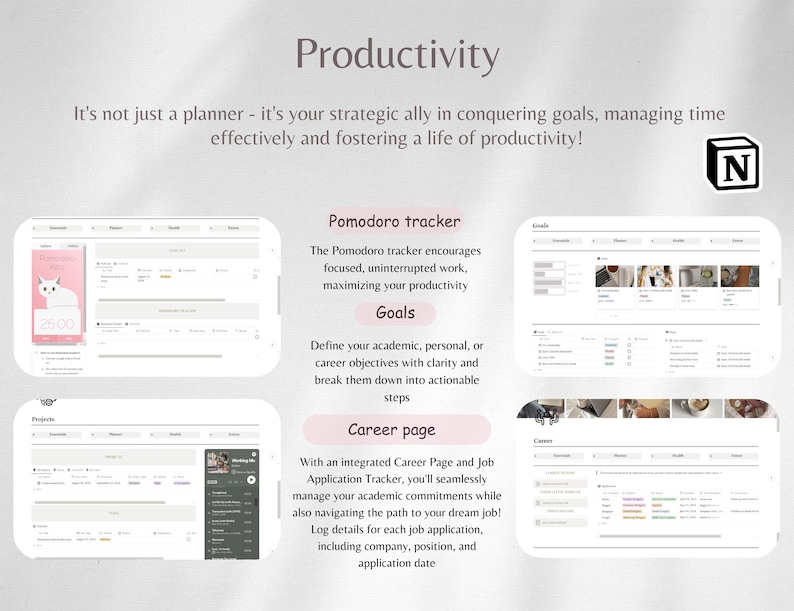 May include: A screenshot of a computer screen showing a productivity app with features like a Pomodoro timer, goal setting, and a career page. The app has a clean, modern design with a light gray background and white text.