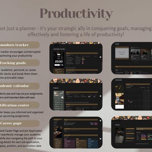 Op de afbeelding: Een productiviteits-app-interface met een donkere achtergrond en gouden accenten. De app heeft een Pomodoro-timer, doelstellingstracking, een academische kalender, een meldingscentrum en een carri&egrave;repagina. De app is ontworpen om gebruikers te helpen hun tijd te beheren, georganiseerd te blijven en hun doelen te bereiken.