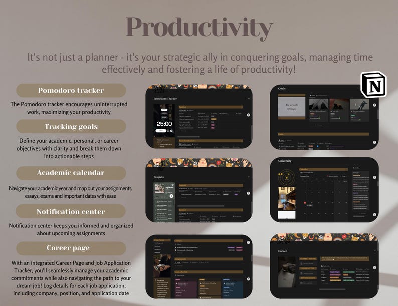 Op de afbeelding: Een productiviteits-app-interface met een donkere achtergrond en gouden accenten. De app heeft een Pomodoro-timer, doelstellingstracking, een academische kalender, een meldingscentrum en een carri&egrave;repagina. De app is ontworpen om gebruikers te helpen hun tijd te beheren, georganiseerd te blijven en hun doelen te bereiken.
