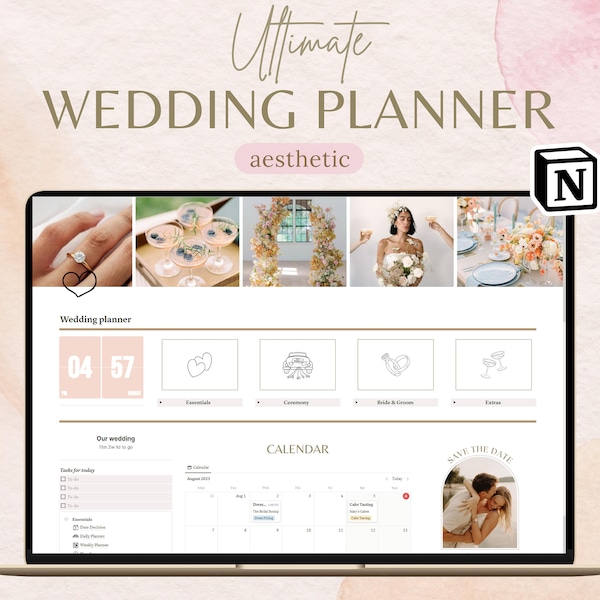 Modèle de notion de planificateur de mariage | Tableau de bord de mariage Aesthetic Notion | Planificateur de mariage numérique | Modèle de budget de mariage Notion