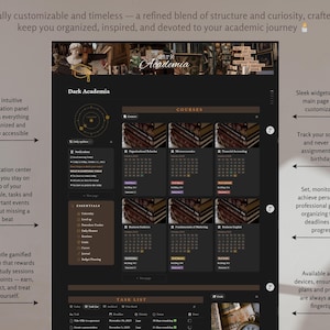 May include: Dark Academia digital planner interface with a black and brown color scheme. Features include a navigation panel, course calendar, task list, and customizable widgets. The interface is designed to help users stay organized and track their schedule.