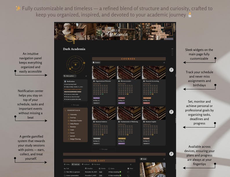 May include: Dark Academia digital planner interface with a black and brown color scheme. Features include a navigation panel, course calendar, task list, and customizable widgets. The interface is designed to help users stay organized and track their schedule.