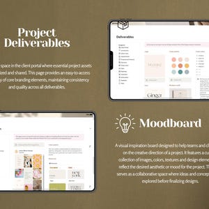 May include: A screenshot of a website showing a mood board and project deliverables for a branding project. The mood board features a curated collection of images, colors, and textures. The project deliverables include a logo, color palette, and font choices.