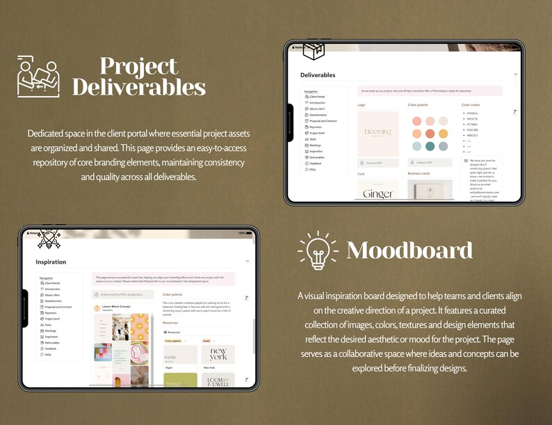 May include: A screenshot of a website showing a mood board and project deliverables for a branding project. The mood board features a curated collection of images, colors, and textures. The project deliverables include a logo, color palette, and font choices.