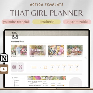 May include: A screenshot of a Notion workspace with a pink and brown colour scheme. The workspace is titled "That Girl Planner" and includes sections for essentials, planner, health, and extras. The workspace also includes a task list, a weather widget, and a calendar. The workspace is designed to be used as a digital planner.