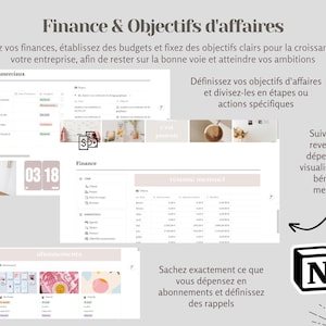 May include: A digital planner with a pink and white colour scheme. The planner includes sections for finances, business objectives, and subscriptions. The text "Finance & Objectifs d'affaires" is at the top of the planner. The text "Suivez vos revenus et d&eacute;penses et visualisez votre b&eacute;n&eacute;fice mensuel" is on the right side of the planner. The text "Sachez exactement ce que vous d&eacute;pensez en abonnements et d&eacute;finissez des rappels" is at the bottom of the planner.