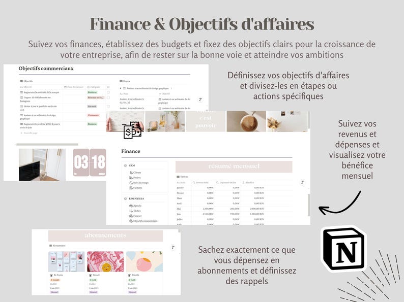 May include: A digital planner with a pink and white colour scheme. The planner includes sections for finances, business objectives, and subscriptions. The text "Finance & Objectifs d'affaires" is at the top of the planner. The text "Suivez vos revenus et d&eacute;penses et visualisez votre b&eacute;n&eacute;fice mensuel" is on the right side of the planner. The text "Sachez exactement ce que vous d&eacute;pensez en abonnements et d&eacute;finissez des rappels" is at the bottom of the planner.