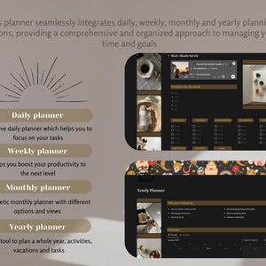 Op de afbeelding: Een digitale planner-app met een donkere achtergrond en gouden accenten. De app heeft dagelijkse, wekelijkse, maandelijkse en jaarlijkse planningssecties. De app wordt weergegeven op een telefoonscherm met een kleurrijke achtergrond.