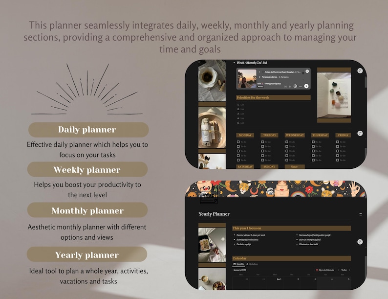 Op de afbeelding: Een digitale planner-app met een donkere achtergrond en gouden accenten. De app heeft dagelijkse, wekelijkse, maandelijkse en jaarlijkse planningssecties. De app wordt weergegeven op een telefoonscherm met een kleurrijke achtergrond.