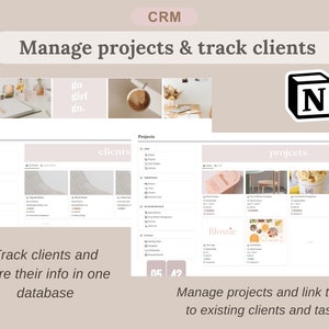 Pu&ograve; includere: Un modello CRM digitale con il testo "Gestisci progetti e monitora i clienti". L'interfaccia mostra sezioni di gestione dei clienti e dei progetti. &Egrave; visibile anche il testo "Tieni traccia dei clienti e archivia le loro informazioni in un unico database".